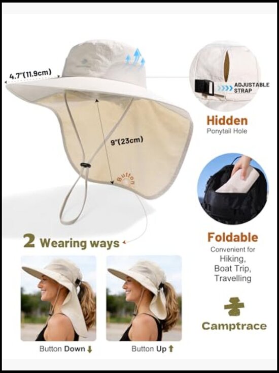UPF 50+ Sun Protection Wide Brim Hat with Neck Flap Adjustable Safari Style